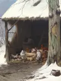 Chickens sheltering from the snow in winteroil on by Eugène Rémy Maes, Oil, sold Mar 2024