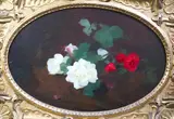 Red and white roses upon a ledgeoil on canvassignedoval by Stuart Park, Oil on canvas relined within the past, sold Mar 2024
