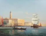 Gondola and sailing ship off the Doges Palace by Noël Georges Bouvard, oil on canvas, sold Mar 2024