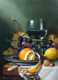 Still life of a green glass roemer and fruit upon a table by Raymond Campbell, oil on canvas, sold Mar 2024
