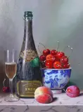 1985 Vintage Krug Champagne by Raymond Campbell, oil on panel, sold Mar 2024