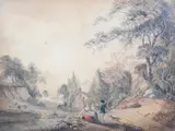A sportsman with his dogs talking with two country girls in a by Paul Sandby, watercolour, sold Mar 2024