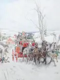Snowballing the stagecoach by Lionel Edwards, watercolour, sold Mar 2024