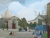 Parisian street scene with artists at work and the domes of the by Jean Fous, gouache on card, sold Mar 2024