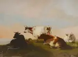 Cattle before landscape by Thomas Sidney Cooper, oil on board, sold Mar 2024