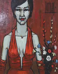 Woman in red by Philip R. Perkins, oil on board, sold Mar 2024