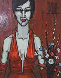 Woman in red by Philip R. Perkins, oil on board, sold Mar 2024