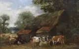 Farmyard scene with cattle grazing by Arthur James Stark, oil on canvas, sold Mar 2024