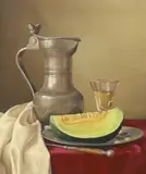 Still life with a pewter jug by James Noble, oil, sold Mar 2024