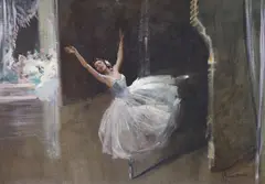 Ballerina on stage by Giordano Giovanetti, oil on canvas board, sold Mar 2024