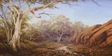 Dry creek bed by Olga C. Garner, oil on board, sold Mar 2024