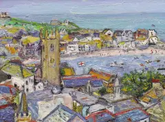 St Ives roof tops, April by Linda Weir, oil on board, sold Mar 2024