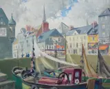 Fishing boat in harbour by Alfred E. Kerr, oil on board, sold Mar 2024