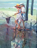 Children on the beach by Ross Foster, oil on canvas, sold Mar 2024