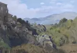 Tuscan mountainous landscape with villas by John Doyle, gouache, sold Mar 2024