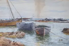 Fishing boats in harbour by Frederick Charles Dixey, watercolour, offered Mar 2024