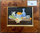 Miniature still life with fruit by Enid Clarke R.M.S., oil on board, sold Jun 2024