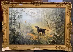 Black lab and Snipe by Henry Wilkinson, oil on canvas, sold Jun 2024