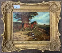 Rural landscape with a pony and dead game by Abel Hold, 1871, oil on canvas, sold Jun 2024