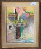 Doorway and buildings by Vincenzo Funiciello, oil on board, sold Jun 2024