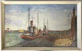 Steamer tug boats in harbour by David Price, 1966, watercolour and gouache, sold Jun 2024