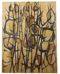 Abstract composition by Douglas Swan, oil on board, sold May 2024