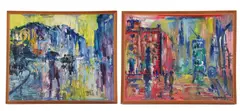 Abstract city / town scenes by James Lawrence Isherwood, oil, sold May 2024
