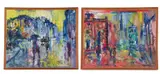 Abstract city / town scenes by James Lawrence Isherwood, oil, sold May 2024