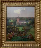 Travellers sit and converse in rural landscape by Geoffrey Mortimer, oil on board, sold May 2024