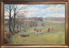 Huntsmen on horseback ride across the countryside by Neil Cawthorne, oil on canvas, sold May 2024