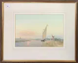 Broadand scene with Wherry and windmill by Peter Metcalf, watercolour, sold May 2024