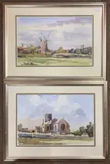 A rural view of a windmill and distant church by Steve Hall, watercolor, sold May 2024