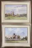 A rural view of a windmill and distant church by Steve Hall, watercolor, sold May 2024