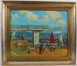 Waterside scene of people and boats by Keith Gardner, oil on canvas board, sold Oct 2026