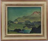 Mountain landscape with chalets by Rudolf Dürrwang, oil on canvas, offered Oct 2026