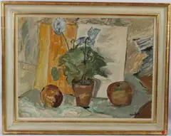 Still lifeof pot plant and fruit by Ronald Ossory Dunlop, oil on canvas, sold Oct 2026
