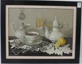 Still life of lemon tea and champagne by Lidya Datsenko, oil on canvas, sold Oct 2026