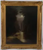 View of a moonlit river with figures on the bank by E Cutts, oil on canvas, sold Oct 2026
