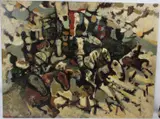Figures on horseback by Michael D'Aguilar, oil on board, sold Oct 2026