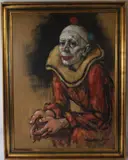 Portrait of a seated clown by Barry Leighton-Jones, oil on canvas, offered Oct 2026
