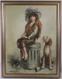 Urchin girl dressed up seated on a dustbin with dog looking on by Barry Leighton-Jones, oil on canvas, sold Oct 2026