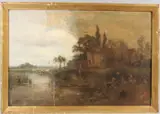 Riverbank view with farmhouse and cattle grazing by Henry John Kinnaird, oil on canvas, sold Oct 2026
