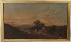 Landscape with farm buildings and figures on a track by James Edwin Meadows, 1868, oil on canvas, offered Oct 2026
