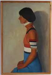 Profile portrait of seated woman with coloured bead necklace and bracelets by P Evans, oil, sold Oct 2026