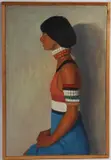 Profile portrait of seated woman with coloured bead necklace and bracelets by P Evans, oil, sold Oct 2026