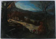Landscape with cattle returning by P Evans, oil on board, sold Oct 2026