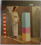Portrait of a woman standing beside coloured blocks by P Evans, oil on canvas, sold Oct 2026