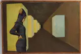 Profile portrait of a woman standing before receding blocks by P Evans, oil, sold Oct 2026