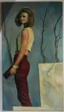 Portrait of a woman standing beside a plinth and trees by P Evans, oil on canvas, sold Oct 2026