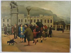 Busy London street scene possibly Buckingham Palace by P Evans, oil on board, offered Oct 2026